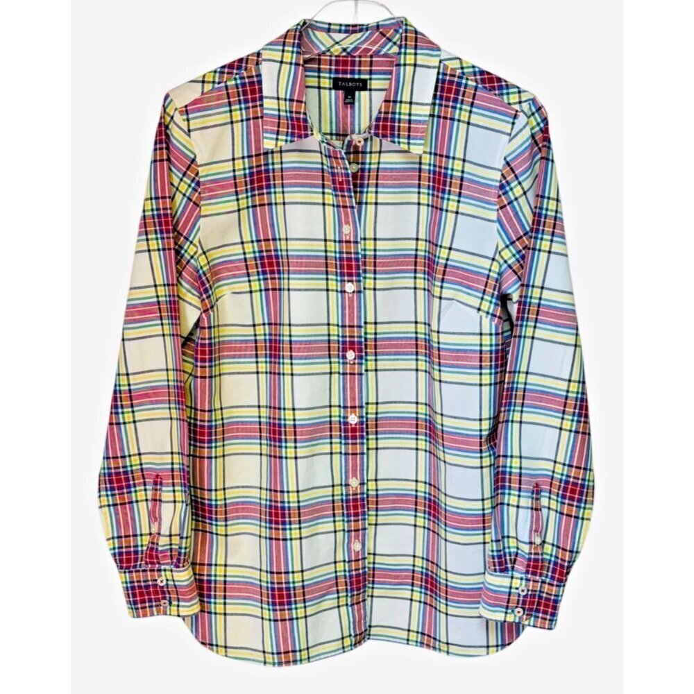 Talbots Party Plaid 100% Cotton Button Front Shirt Size M Multicolor